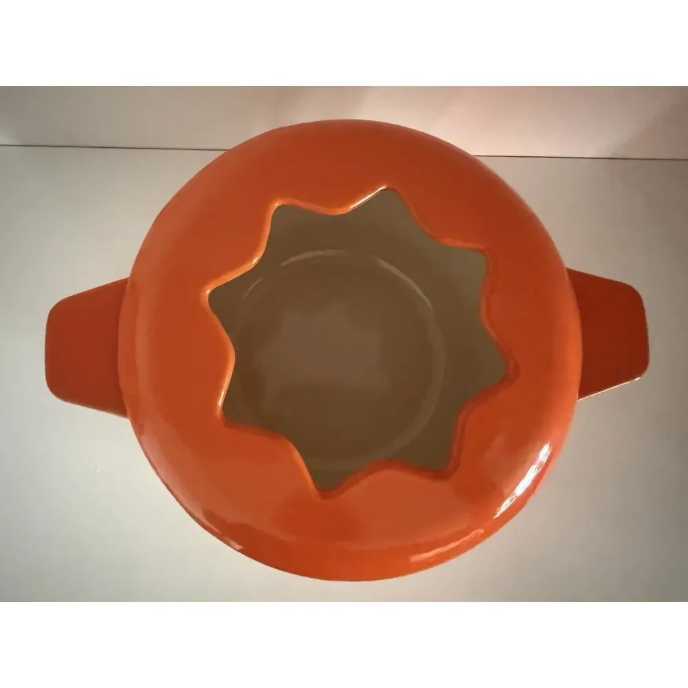 Vintage Orange Enameled Cast Iron Fondue Pot Star Shaped Open Lid Retro MCM
